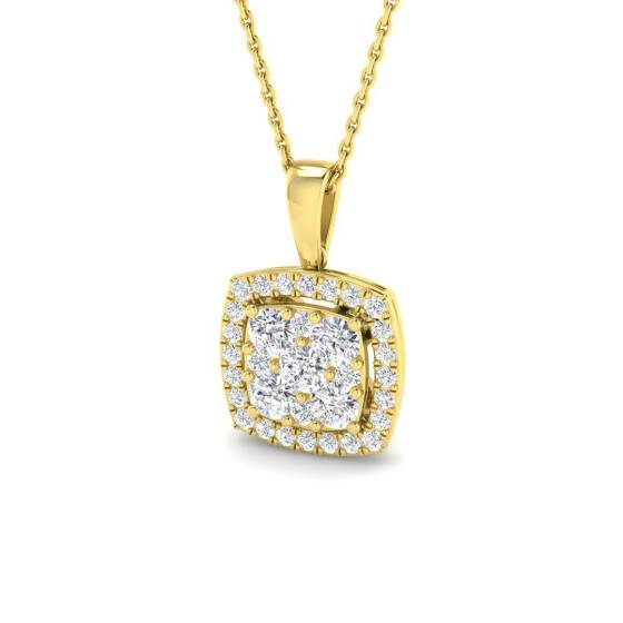 0.90ct VVS/D-E Lab Grown Round Cut Diamond Cluster Halo Pendant in 9k Yellow Gold