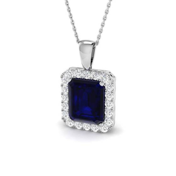 7.16ct Radiant Cut Blue Sapphire Gemstone Halo Pendant in 9k White Gold