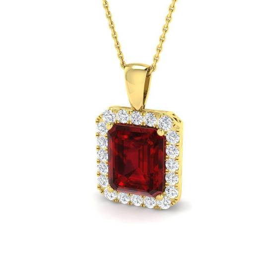 6.50ct Radiant Cut Ruby Gemstone Halo Pendant in 9k Yellow Gold