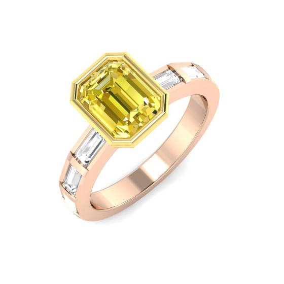 Ring mit smaragdgeschliffenem gelbem Diamanten in Zargenfassung und Schulterfassung