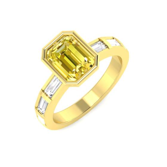 Ring mit smaragdgeschliffenem gelbem Diamanten in Zargenfassung und Schulterfassung