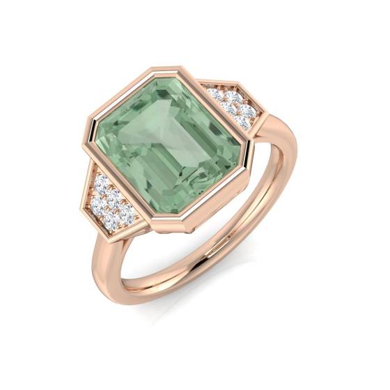 Ring mit smaragdgeschliffenem, grünem Amethyst-Edelstein in Zargenfassung