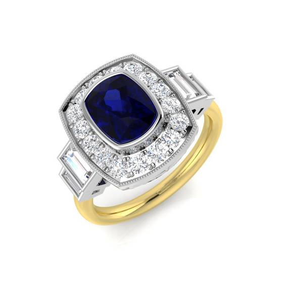 Ring mit kissenförmigem, blauem Saphir in Lünettenfassung