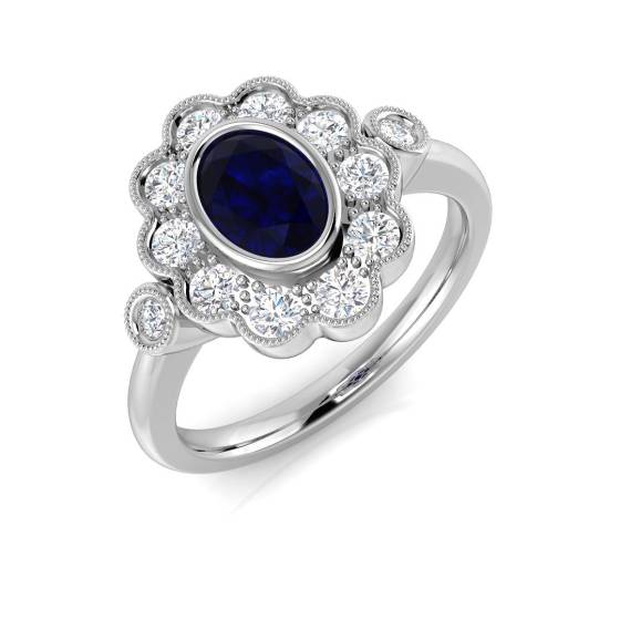 Ring mit ovalem, blauem Saphir im Lünettenfassung-Halo-Design