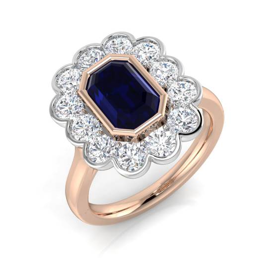 Ring mit smaragdgeschliffenem, blauem Saphir im Zargenfassung-Halo-Design