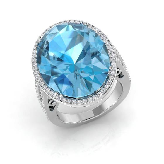 20.34ct Oval Cut Blue Topaz Halo Triple Row Shoulder Set Ring in 9k White Gold