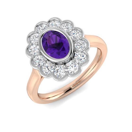 Oval geschliffener Amethyst-Edelsteinring mit Lünettenfassung