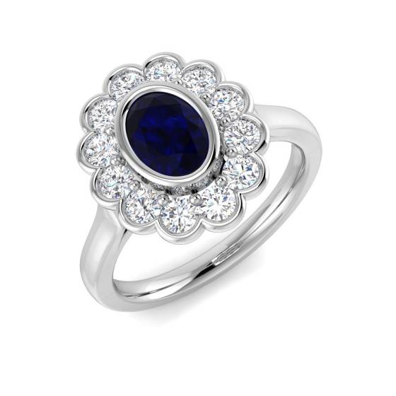 Ring mit ovalem, blauem Saphir im Lünettenfassung-Halo-Design