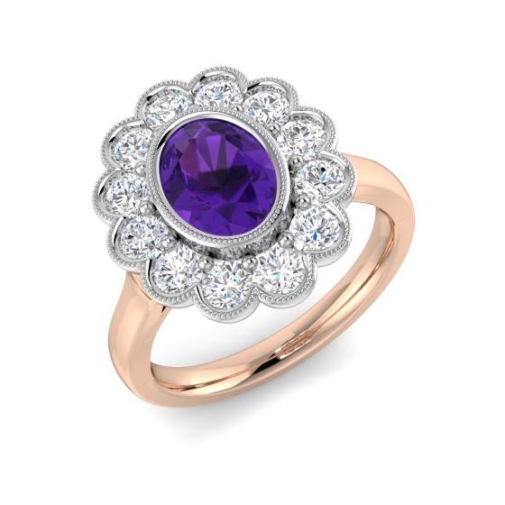 Oval geschliffener Amethyst-Edelsteinring mit Lünettenfassung