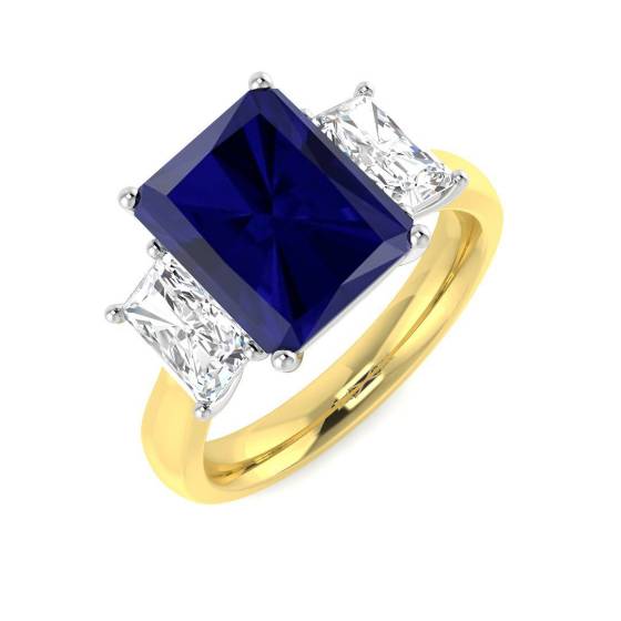 5.85ct VVS/D-E Radiant Cut Blue Sapphire Gemstone and Lab Grown Diamond Trilogy Ring in 9k Yellow/White Gold