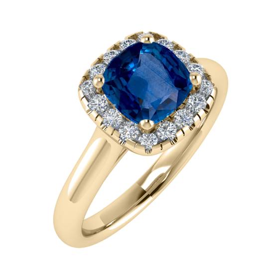 Kissenförmiger blauer Saphir und Diamant-Halo-Ring