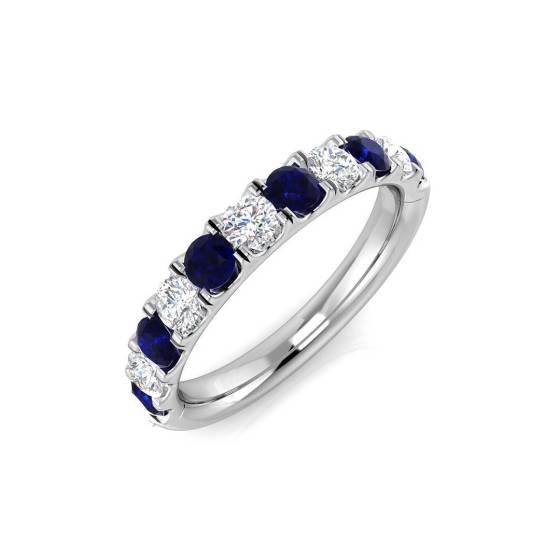 0.75ct VS/E-F Round Cut Blue Sapphire and Natural Diamond Half Eternity Ring in 18k White Gold