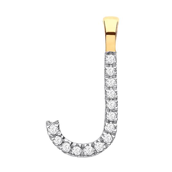 Anhänger mit dem Buchstaben J, besetzt mit Diamanten, in 9-karätigem Gelbgold