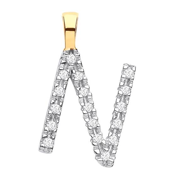 Anhänger mit dem Buchstaben N, besetzt mit Diamanten, in 9-karätigem Gelbgold