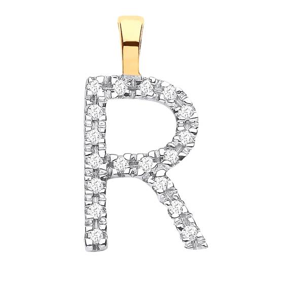 Anhänger mit dem Buchstaben R, besetzt mit Diamanten, in 9-karätigem Gelbgold