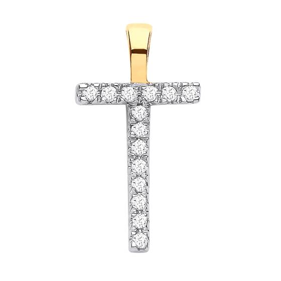 Anhänger mit dem Buchstaben T, besetzt mit Diamanten, in 9-karätigem Gelbgold