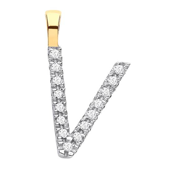 Anhänger mit dem Buchstaben V, besetzt mit Diamanten, in 9-karätigem Gelbgold