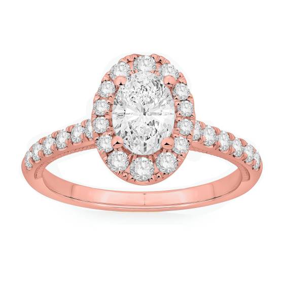 Ring mit ovalem Diamanten (1,25 ct) im Halo-Design, Schulterfassung und seitlichen Milgrain-Verzierungen