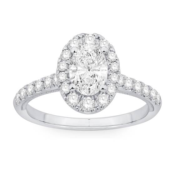 Ring mit ovalem Diamanten (1,25 ct) im Halo-Design, Schulterfassung und seitlichen Milgrain-Verzierungen
