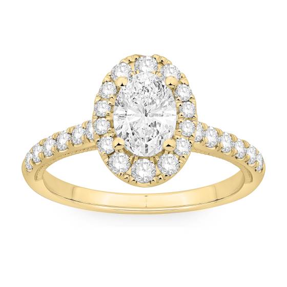 Ring mit ovalem Diamanten (1,25 ct) im Halo-Design, Schulterfassung und seitlichen Milgrain-Verzierungen