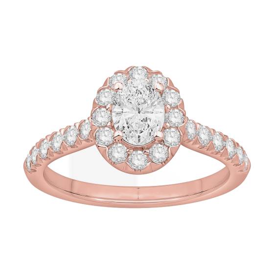 Ring mit ovalem Diamanten (1,00 ct) im Halo-Design und geschwungener Schulterpartie