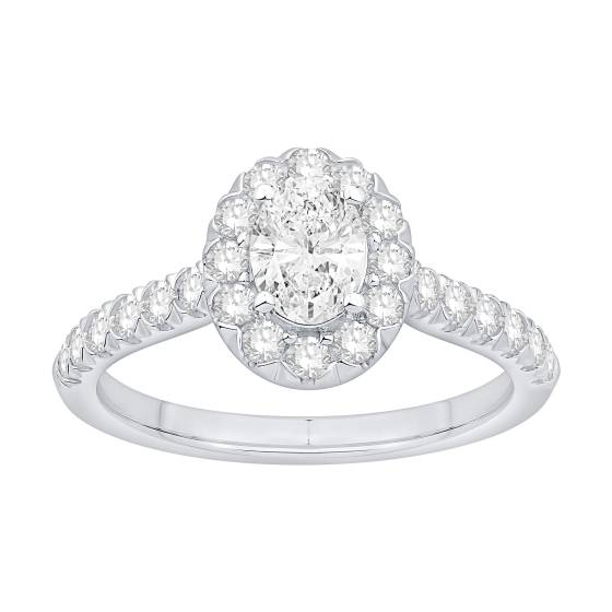 Ring mit ovalem Diamanten (1,00 ct) im Halo-Design und geschwungener Schulterpartie