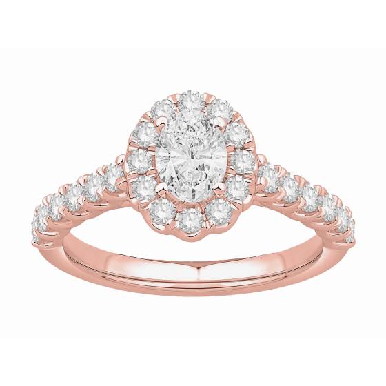Ring mit ovalem Diamanten (1,10 ct) im Halo-Design mit Muschelkantenfassung