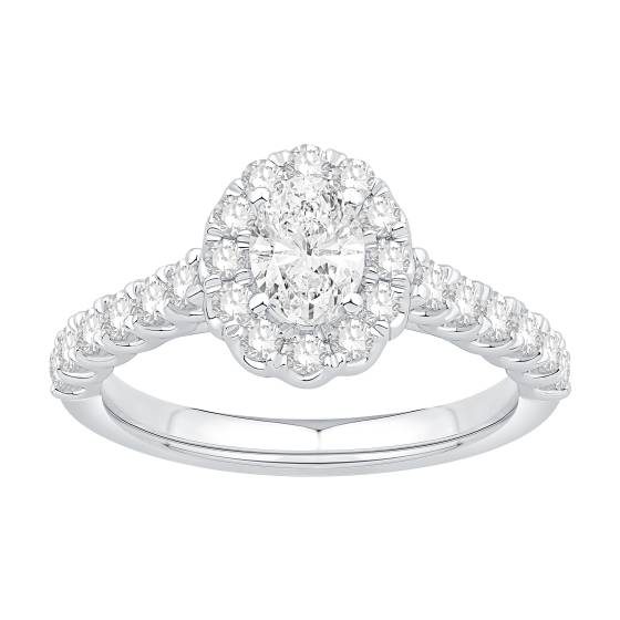 Ring mit ovalem Diamanten (1,10 ct) im Halo-Design mit Muschelkantenfassung