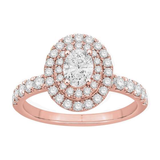 Ring mit ovalem Diamanten (1,00 ct), doppeltem Halo-Design, Schulterfassung und seitlichen Details