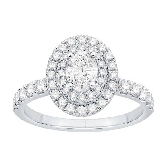 Ring mit ovalem Diamanten (1,00 ct), doppeltem Halo-Design, Schulterfassung und seitlichen Details
