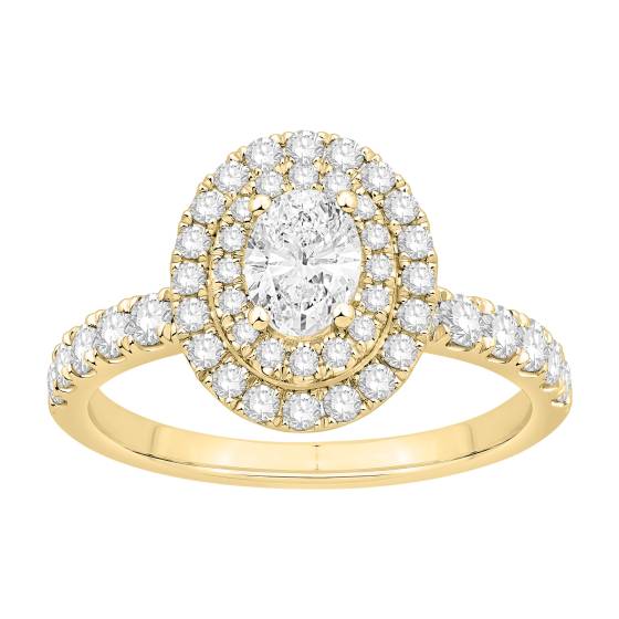 Ring mit ovalem Diamanten (1,00 ct), doppeltem Halo-Design, Schulterfassung und seitlichen Details