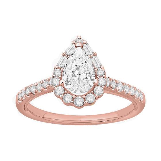 1,00 ct Birnenförmiger Halo-Baguette- und Rundschliffring mit Baguette-Seiten und runder Schulter