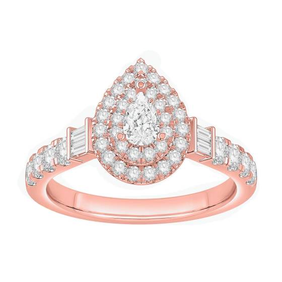 0,75 ct Doppelbirnen-Diamant-Halo-Baguette-Seiten-Rundschulter-Set-Ring