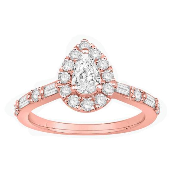 Ring mit 0,75 ct Birnen-Diamant-Halo, Baguette- und rundem Schulterschliff