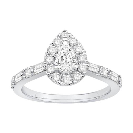 Ring mit 0,75 ct Birnen-Diamant-Halo, Baguette- und rundem Schulterschliff