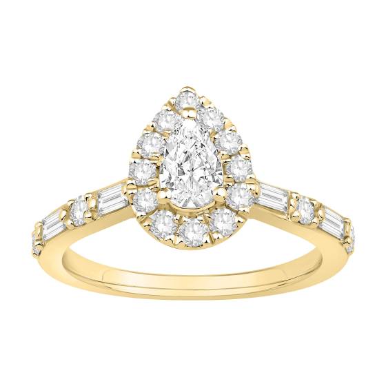 Ring mit 0,75 ct Birnen-Diamant-Halo, Baguette- und rundem Schulterschliff