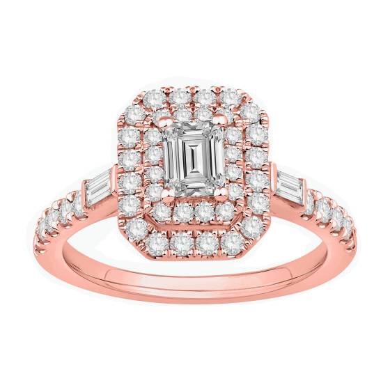 Ring mit 1,00 ct Smaragd-Diamant-Doppelhalo-Baguette-Schliff und seitlicher Rundung an der Schulter