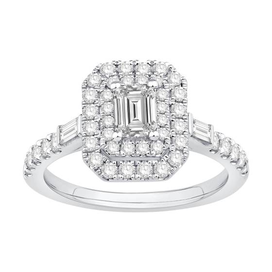 Ring mit 1,00 ct Smaragd-Diamant-Doppelhalo-Baguette-Schliff und seitlicher Rundung an der Schulter
