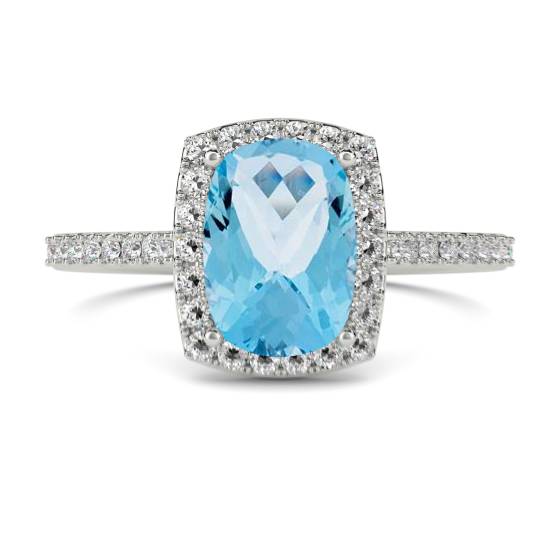 Ring mit 1,50 ct Aquamarin im Kissenschliff und Diamant-Halo