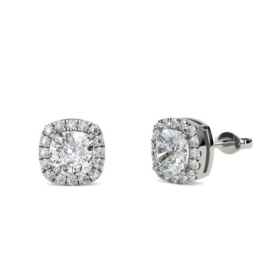 Einzigartige Ohrringe mit 0,90 ct kissenförmigem Diamanten und Halo-Fassung.