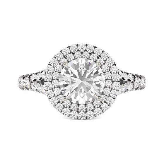 Runder Diamantring mit doppeltem Halo und Schulterfassung