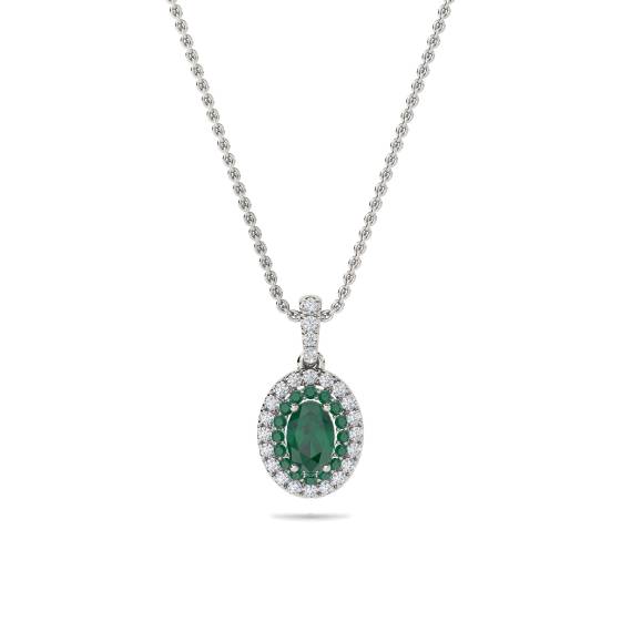 Ovaler Anhänger mit doppeltem Halo und Smaragd (1,45 ct) und Kette
