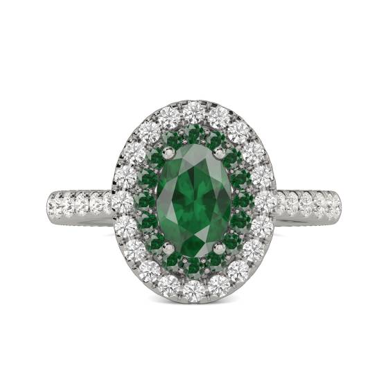 Ovaler Ring mit doppeltem Halo und Smaragd, 1,50 ct