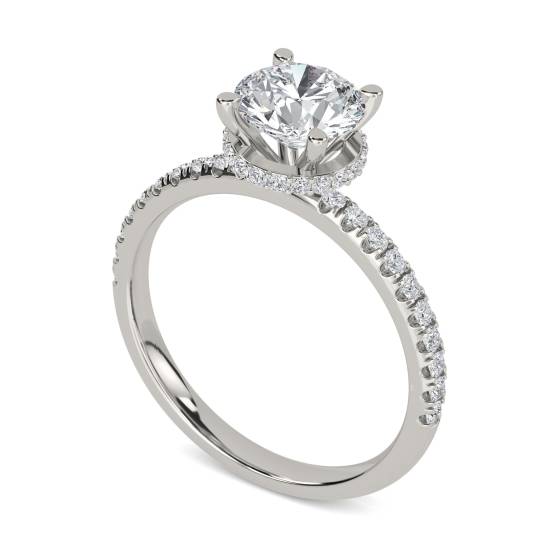Ring mit rundem Diamanten, tief gefasst, verdecktem Halo und Schulterfassung