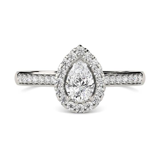 Birnenförmiger Diamantring mit Halo-Schulterfassung