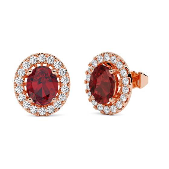 Ohrringe mit ovalem rotem Rubin (1,10 ct) und Diamant-Halo
