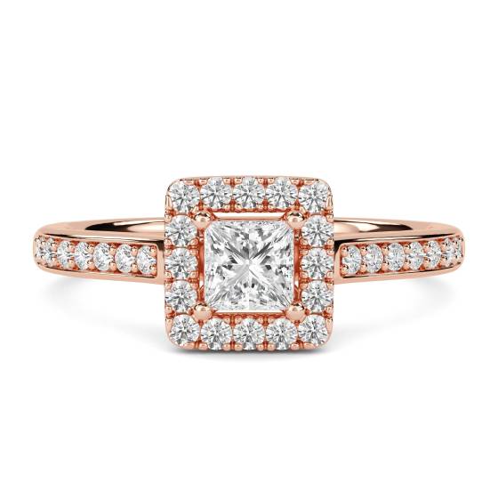 Prinzess-Diamant-Ring mit einzelnem Halo und Schulterfassung
