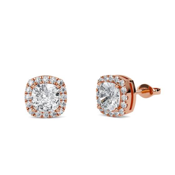 Einzigartige Ohrringe mit 0,90 ct kissenförmigem Diamanten und Halo-Fassung.