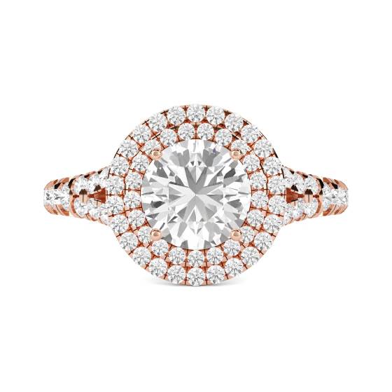 Runder Diamantring mit doppeltem Halo und Schulterfassung