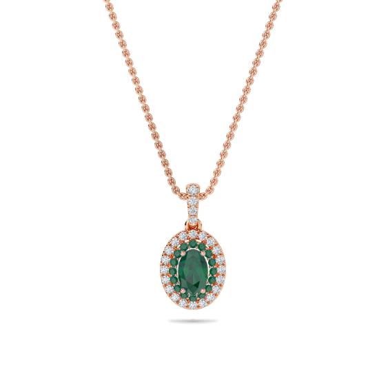 Ovaler Anhänger mit doppeltem Halo und Smaragd (1,45 ct) und Kette